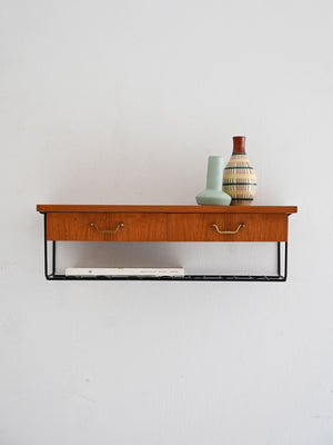 Comodino da parete scandinavo vintage in teak con due cassetti