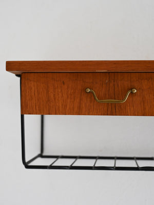 Comodino da parete scandinavo vintage in teak con due cassetti 4