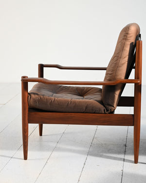 Coppia di poltrone scandinave in pelle con pouf, anni ’60 6