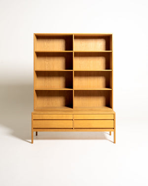 Libreria scandinava in rovere con modulo a cassetti, anni ’60/’70