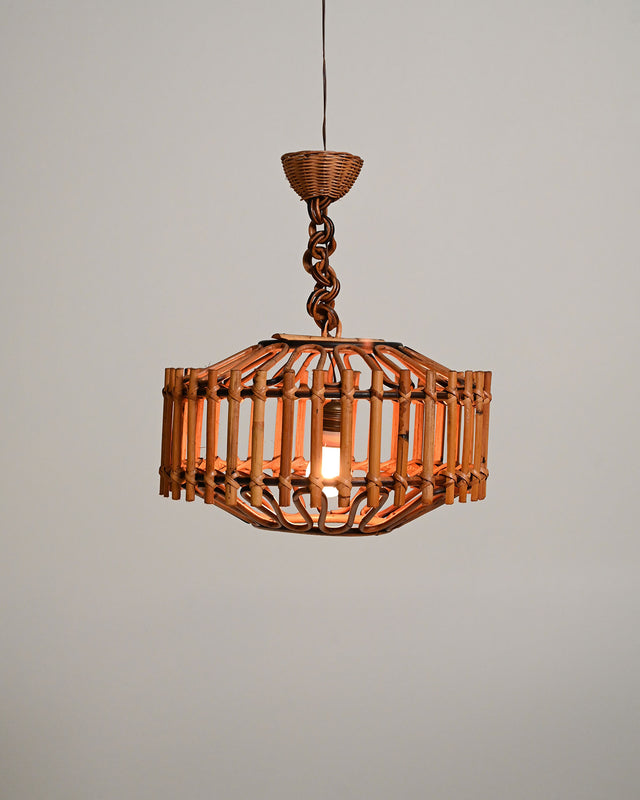 Lampada da soffitto in bambú e rattan intrecciato, anni '70