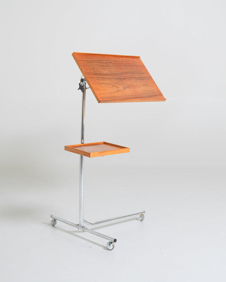 Tavolino da lettura regolabile in teak e metallo cromato, Scandinavia, anni '50/'60