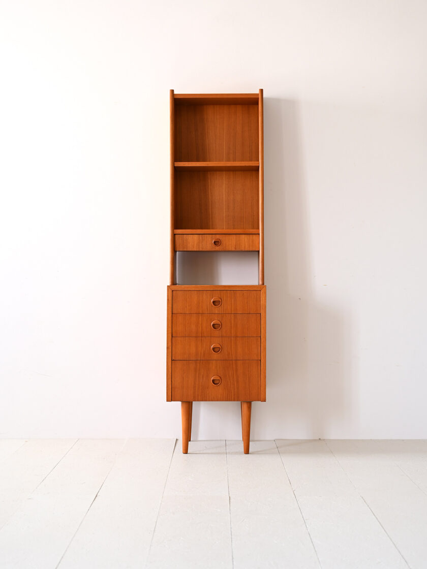 Libreria-sottile-in-teak-con-cassetti