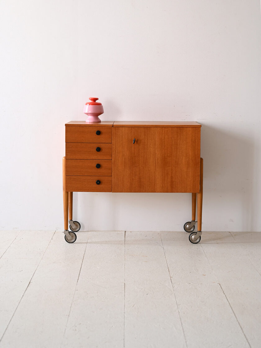 Teak sewing cart with wheels