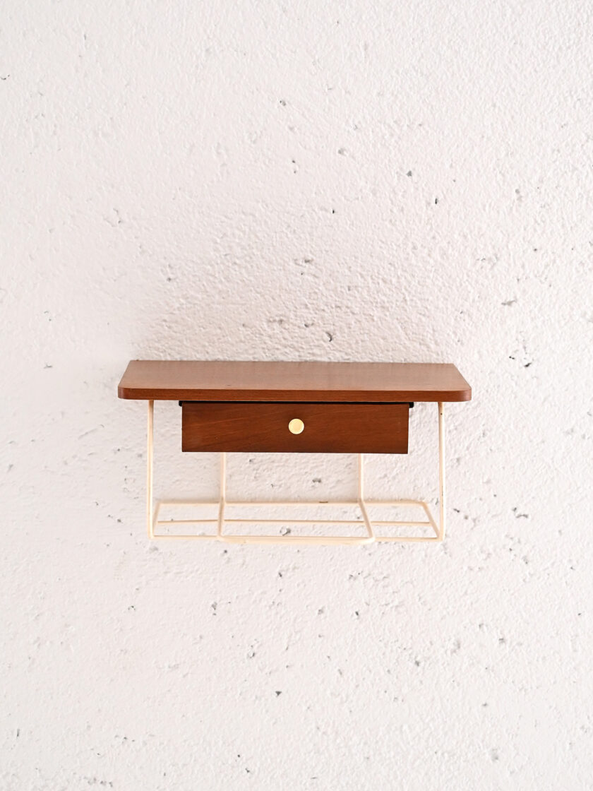 Comodino-sospeso-in-teak-e-metallo-con-cassetto