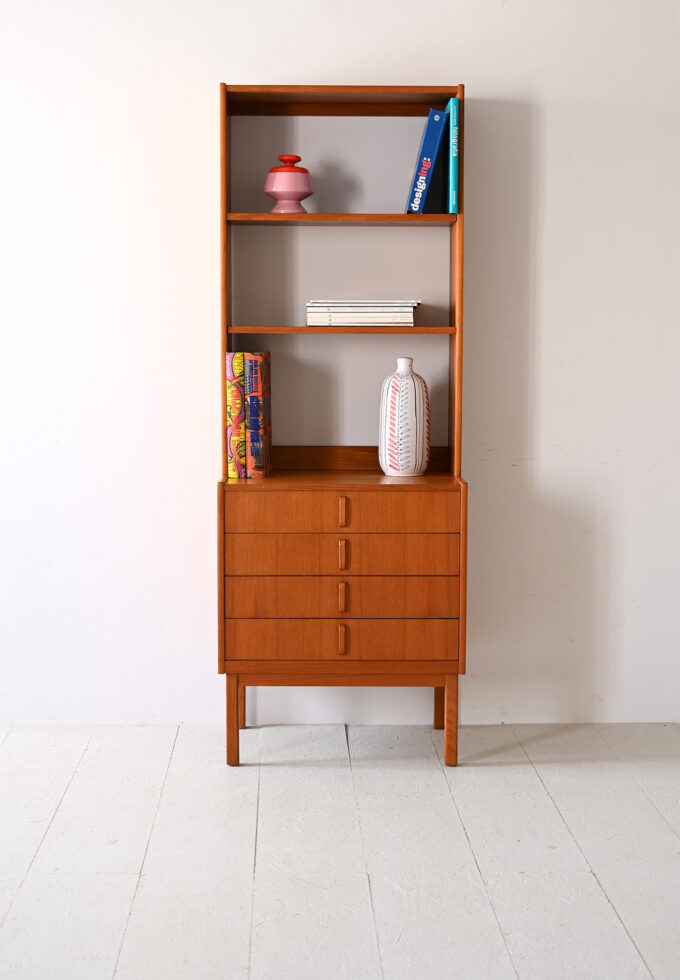 Libreria-vintage-in-teak-con-cassetti